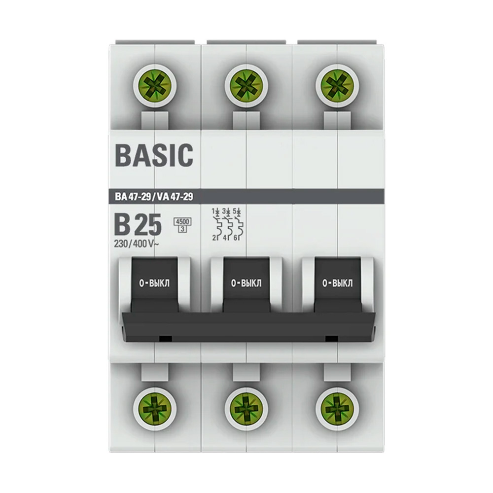 Фото Выключатель автоматический модульный 3п B 25А 4.5кА ВА 47-29 Basic EKF mcb4729-3-25-B (1)