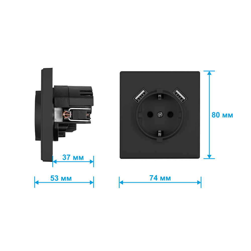 Фото Розетка электрическая, черная, 1 пост, USB-A, USB-A, с рамкой Vell Air {V702082} (4)