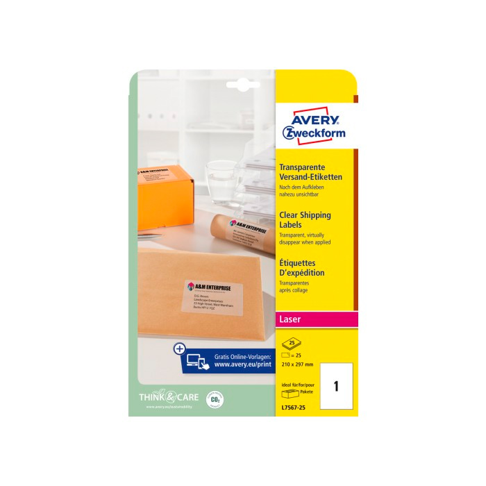Фото Прозрачные адресные этикетки Avery Zweckform для лазерных принтеров 210x297 мм (1 шт. на листе A4, 25 листов) {L7567-25}