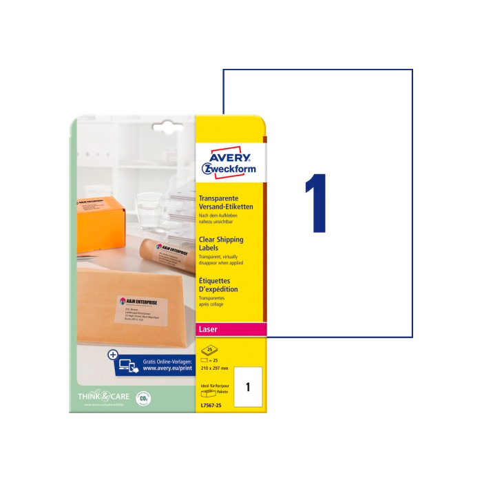Фото Прозрачные адресные этикетки Avery Zweckform для лазерных принтеров 210x297 мм (1 шт. на листе A4, 25 листов) {L7567-25} (1)