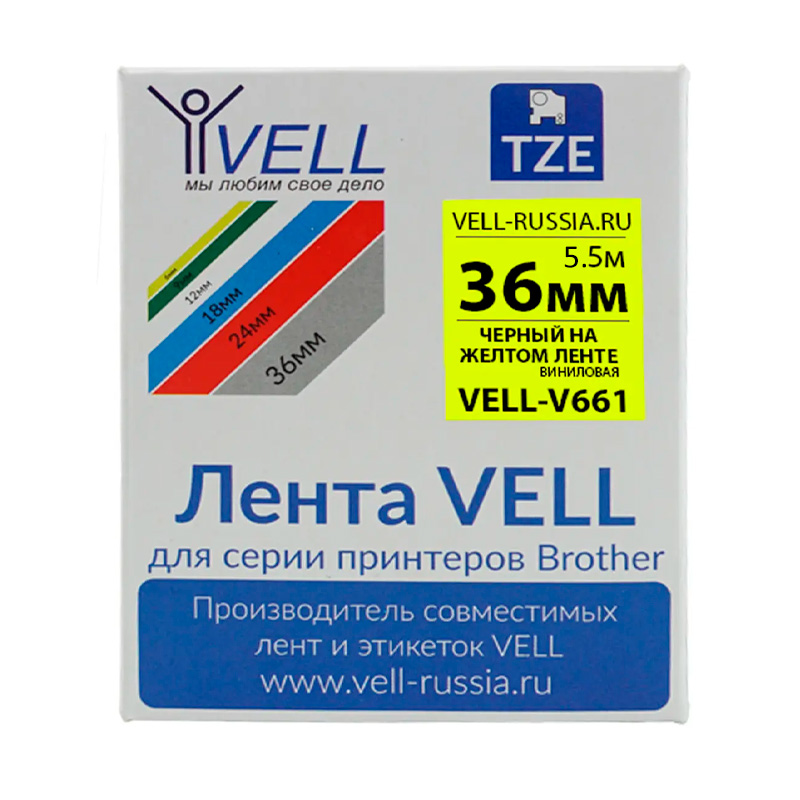 Фото Лента виниловая Vell V-661 (36 мм, черный на желтом) для PT9700/ P900W {Vell-V661}