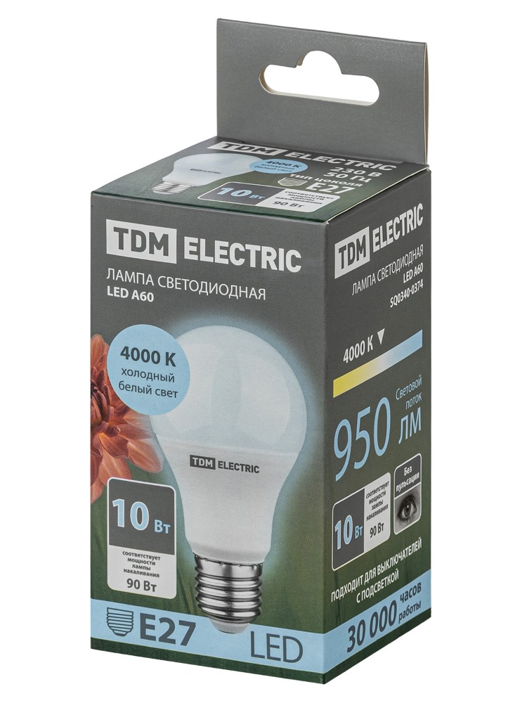 Фото Лампа светодиодная А60 10 Вт, 230 В, 4000 К, E27 TDM {SQ0340-0374} (3)