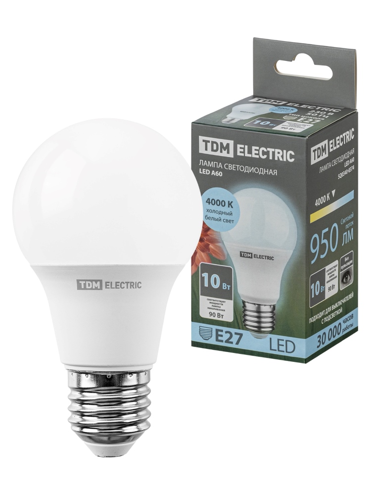 Фото Лампа светодиодная А60 10 Вт, 230 В, 4000 К, E27 TDM {SQ0340-0374}