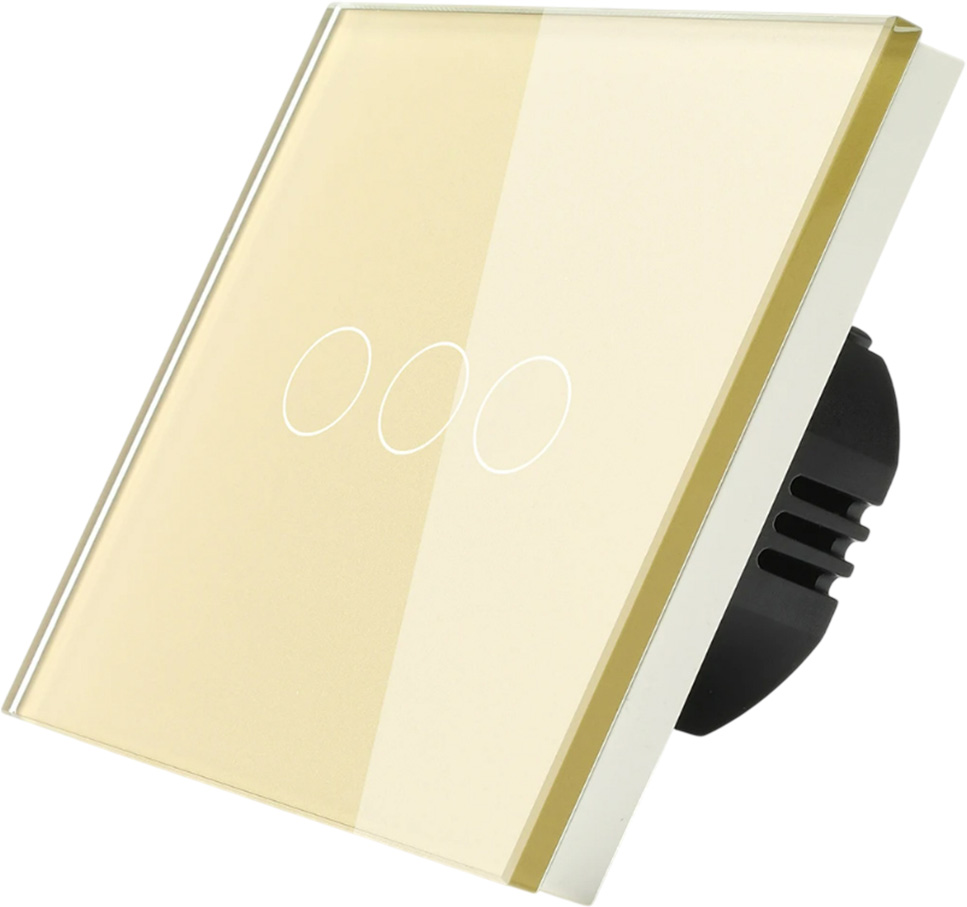 Фото Сенсорный выключатель золотой, трехклавишный, 1 пост, стеклянная панель Vell {GD1P-3G}