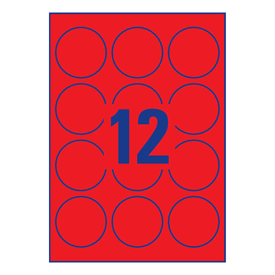 Фото Неоновые круглые этикетки Avery Zweckform, красные Ø 63.5 мм (12 шт. на листе A4, 25 листов) {L7670R-25} (1)