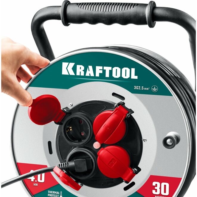 Фото Силовой удлинитель на стальной катушке KRAFTOOL КГ 3х2.5 30м 4000Вт IP44, HEAVY DUTY {55086-30_z01} (2)