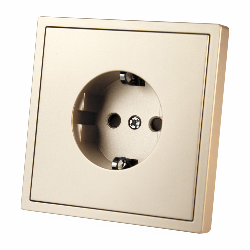 Фото Розетка золотая, электрическая, 1 пост, с тонкой пластиковой рамкой Vell {GD1P-EU-Grand}