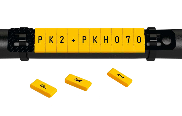 Фото Маркеры однознаковые Partex PK-2 для держателей PKH и POH, символ "S", желтый/черный (пачка 100 шт.) {PK+20004AV40.S}