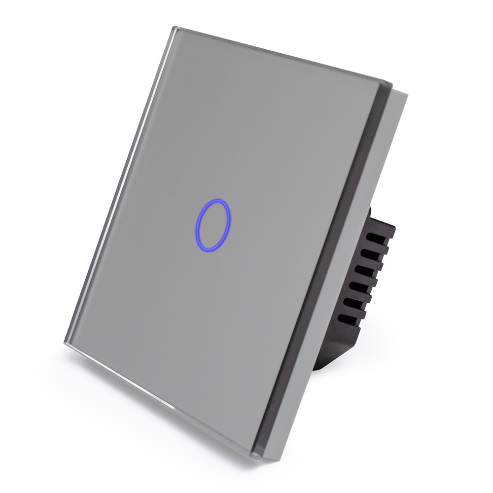 Фото Сенсорный выключатель с нулем, серый, одноклавишный, 1 пост, с Wi-Fi, с Алисой, стеклянная панель Vell {GY1P-1G-S} (1)
