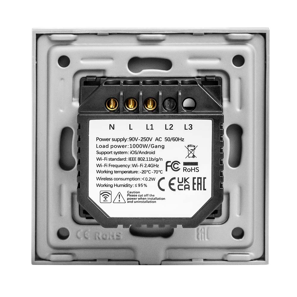 Фото Сенсорный выключатель с нулем, серый, одноклавишный, 1 пост, с Wi-Fi, с Алисой, стеклянная панель Vell {GY1P-1G-S} (2)