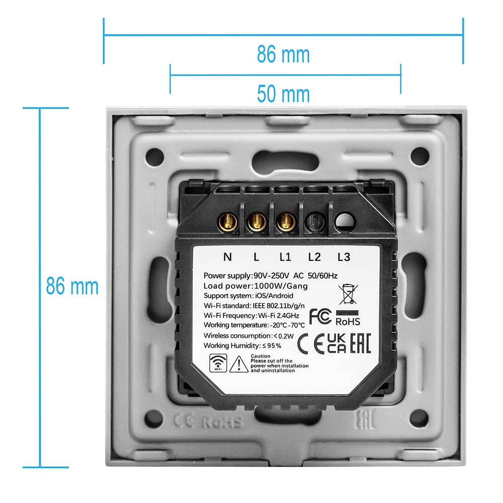 Фото Сенсорный выключатель с нулем, серый, одноклавишный, 1 пост, с Wi-Fi, с Алисой, стеклянная панель Vell {GY1P-1G-S} (3)