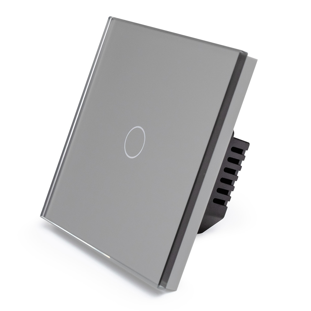 Фото Сенсорный выключатель с нулем, серый, одноклавишный, 1 пост, с Wi-Fi, с Алисой, стеклянная панель Vell {GY1P-1G-S}