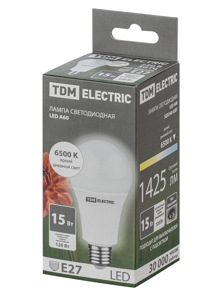 Фото Лампа светодиодная А60 15 Вт, 230 В, 6500 К, E27 TDM {SQ0340-0381} (3)