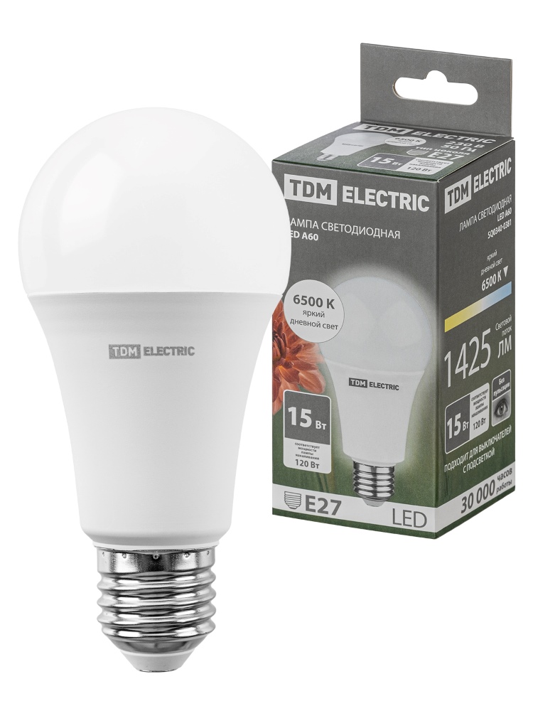 Фото Лампа светодиодная А60 15 Вт, 230 В, 6500 К, E27 TDM {SQ0340-0381}