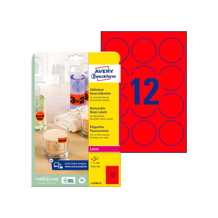 Фото Неоновые круглые этикетки Avery Zweckform, красные Ø 63.5 мм (12 шт. на листе A4, 25 листов) {L7670R-25} (1)