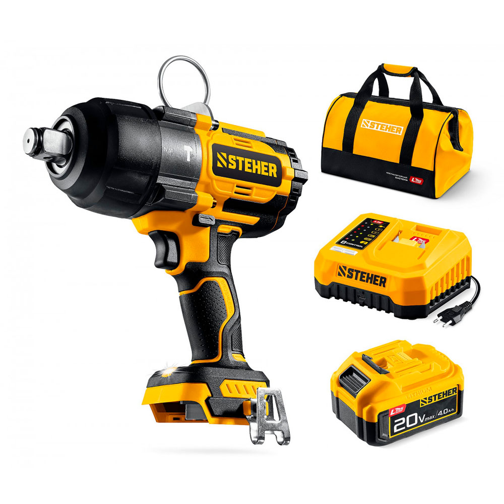 Фото Бесщеточный ударный гайковерт, 1000 Н·м, 1 АКБ LMS {4 А·ч}, 20 В, сумка, STEHER {CWB-1000-41} (1)