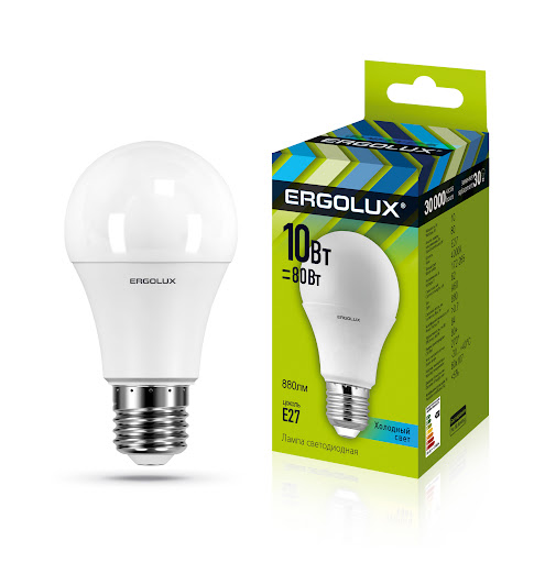 Фото Ergolux LED-A60-10W-E27-4K (Эл.лампа светодиодная ЛОН 10Вт E27 4500K 172-265В) 10/100 {12149}