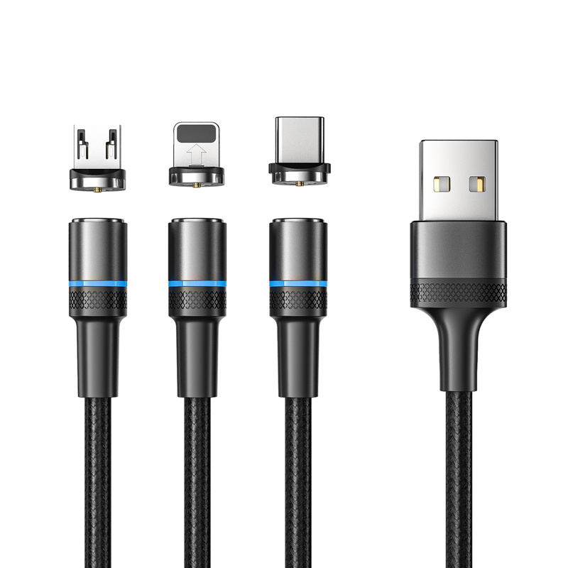 Фото Кабель USB 3в1 со съемными магнитными портами, Type-С (2A), Lightning (2,4A), Micro USB (2A), 1,2м, в черной оплетке, LED подсветка REXANT {18-7076}