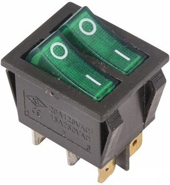Фото Двойной выключатель клавишный Rexant ON-OFF зеленый с подсветкой (250В 15А (6с)) {36-2412}