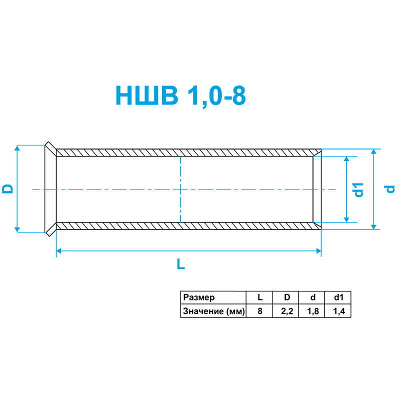 Фото Наконечник штыревой втулочный Vell, НШВ 1,0-8, 100 шт {VLnhv-1.0-8(100)} (2)