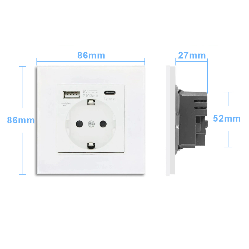 Фото Розетка электрическая, белая, 1 пост, USB-A, USB-C, стеклянная рамка Vell {WH1P-EUAC} (3)