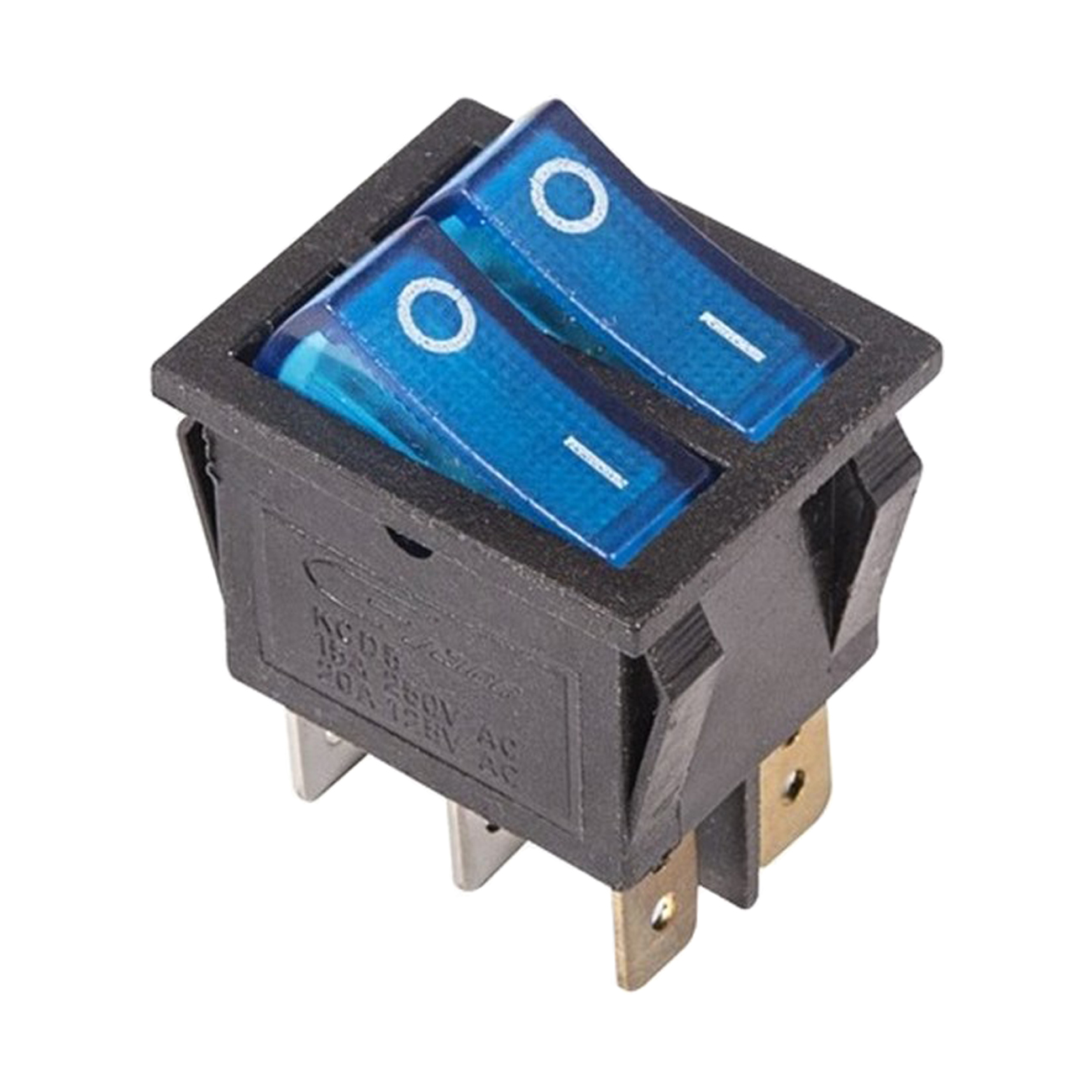 Фото Двойной выключатель клавишный Rexant ON-OFF синий с подсветкой (250В 15А (6с)) {36-2411}