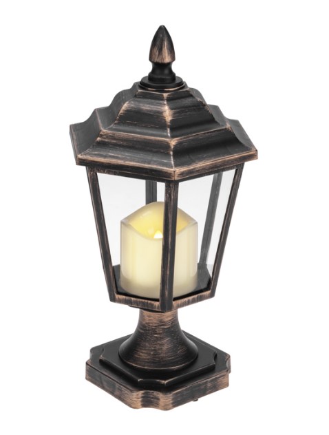 Фото Декоративный фонарь на подставке со свечкой, бронзовый корпус, размер 14,5х17х31см, цвет теплый белый {513-058} (2)