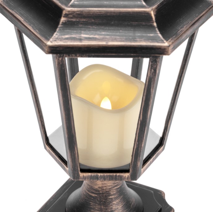 Фото Декоративный фонарь на подставке со свечкой, бронзовый корпус, размер 14,5х17х31см, цвет теплый белый {513-058} (6)