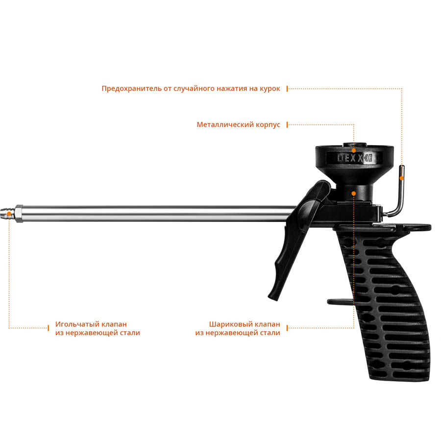Фото Пистолет для монтажной пены "MIX", пластиковый химически стойкий корпус, клапаны из нержавеющей стали, DEXX {06869_z01} (1)