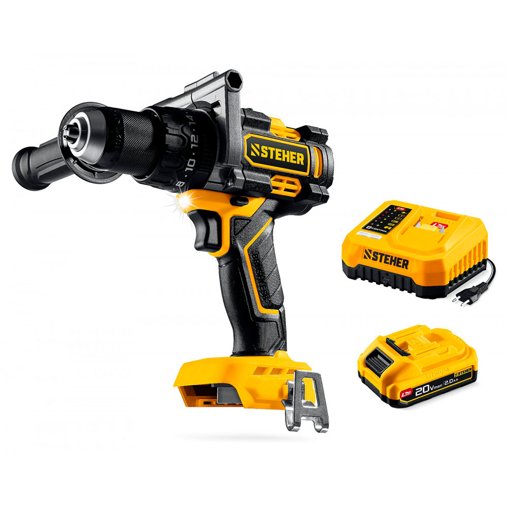 Фото Бесщеточная ударная дрель-шуруповерт, 165 Н·м, 1 АКБ LMS {2 А·ч}, 20 В, STEHER {CBS-165-21} (1)