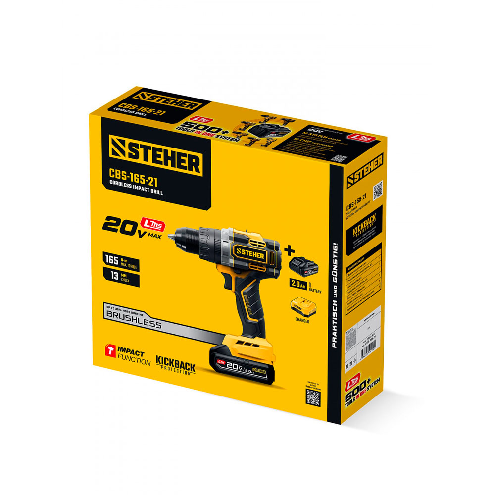 Фото Бесщеточная ударная дрель-шуруповерт, 165 Н·м, 1 АКБ LMS {2 А·ч}, 20 В, STEHER {CBS-165-21} (2)