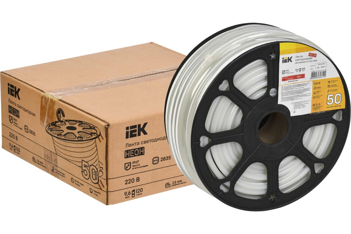 Фото Лента светодиодная "неон", 50м, красная, LSR-2835R120-9,6-IP67-220В, IEK {LSR5-6-120-67-0-50} (1)