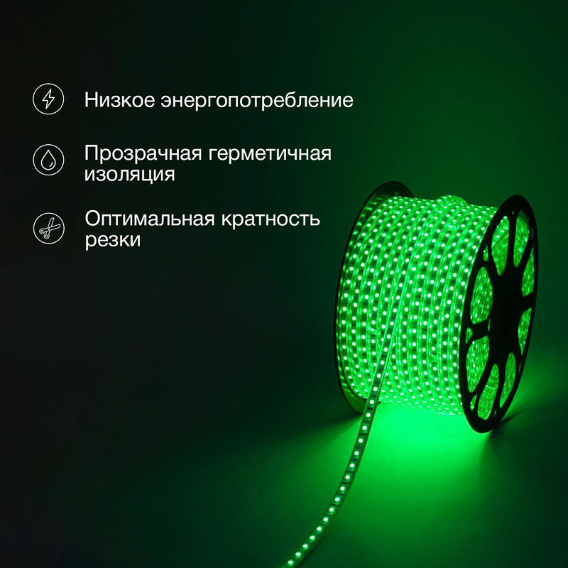 Фото Светодиодная лента 13х8 мм, зеленый, SMD 5050, 60 LED/м, 220 В, Neon-Night {142-104} (5)