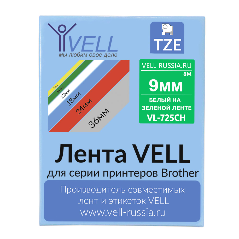 Фото Лента Vell VL-725CH (с чипом, 9 мм, белый на зеленом) для Puty PT-100E/100ECH/Brother D200/E110/ D600/E300/2700/ P700/E550/P900 {Vell-725CH}