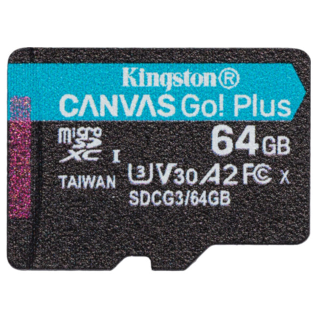 Фото Флеш карта microSD 64GB Kingston microSDXC Class 10 UHS-I U3 V30, A2 Canvas Go Plus (SD адаптер) 100MB/s {SDCG3/64GB}