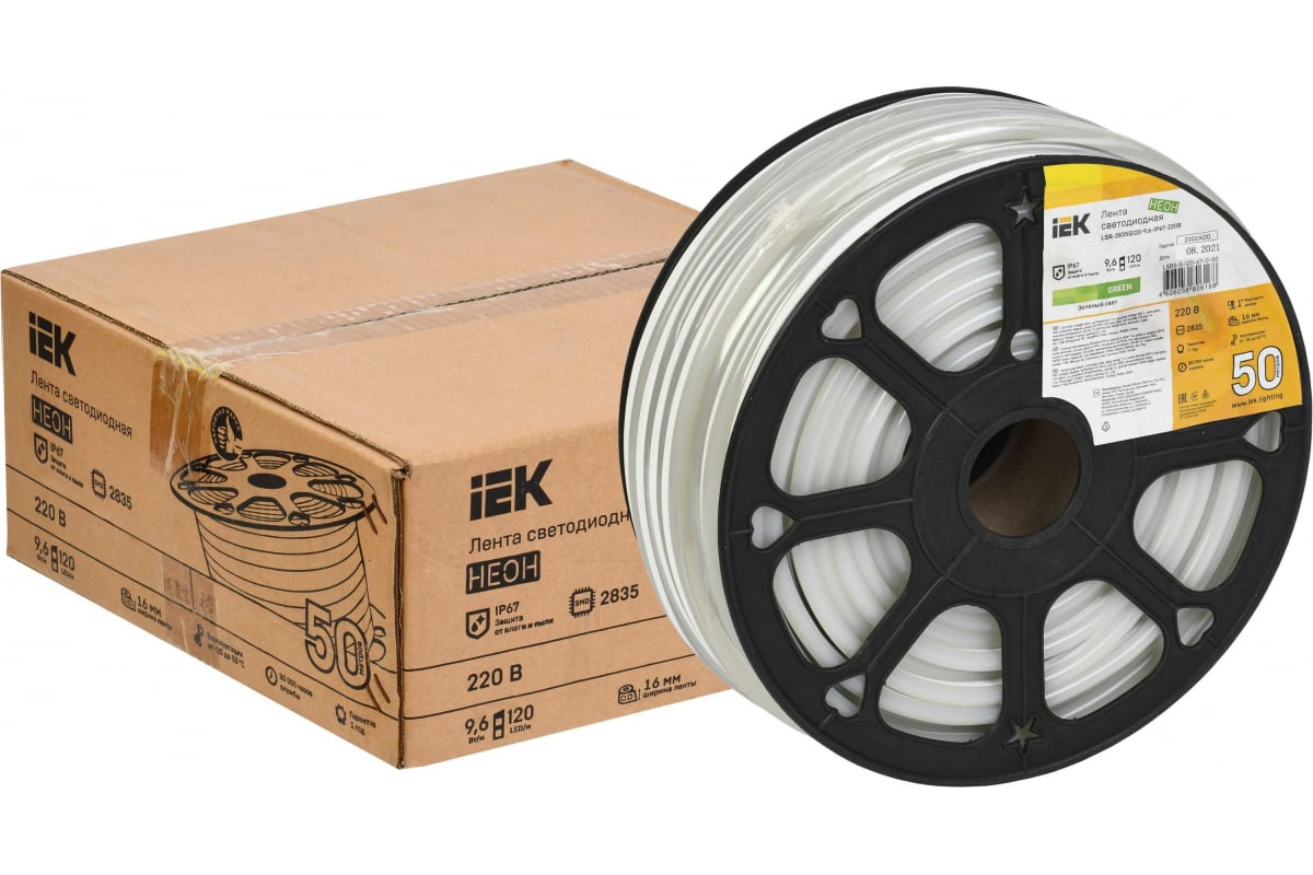 Фото Лента светодиодная "неон", 50 м, зеленая, LSR-2835G120-9,6-IP67-220В, IEK {LSR5-5-120-67-0-50} (1)