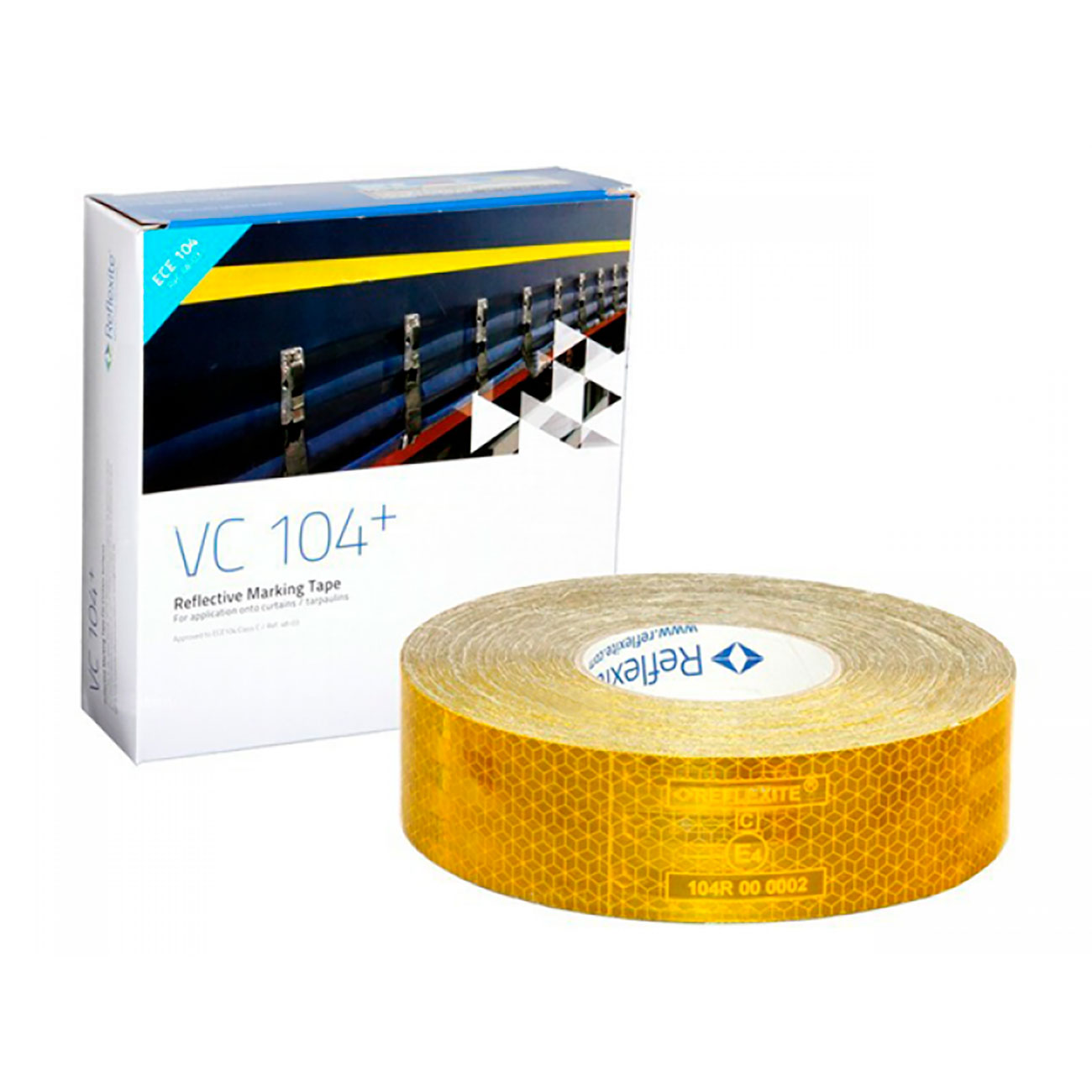 Фото Светоотражающая лента ORALITE VC104+ (REFLEXITE) CURTAIN GRADE, желтая, для тента, 50 мм х 50 м {or.vc104.cg.y.50}