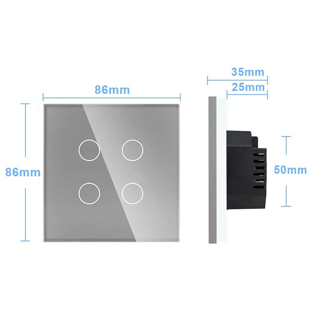 Фото Сенсорный выключатель с нулем, серый, четырехклавишный, 1 пост, с Wi-Fi, с Алисой, стеклянная панель Vell {GY1P-4G-S} (4)