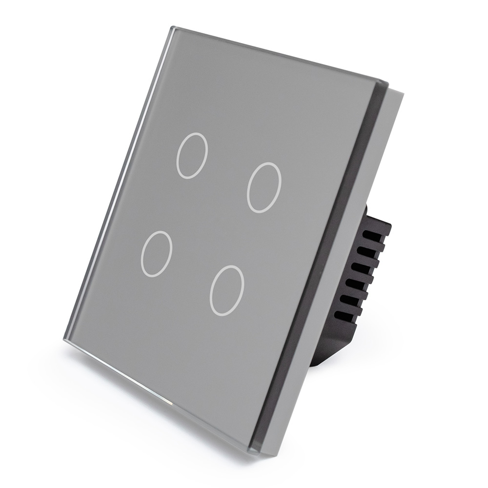 Фото Сенсорный выключатель с нулем, серый, четырехклавишный, 1 пост, с Wi-Fi, с Алисой, стеклянная панель Vell {GY1P-4G-S}