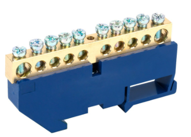 Фото Шина «N» нулевая с синим изолятором на DIN-рейку 8х12 мм стойка бол. 10 групп REXANT {11-2348}