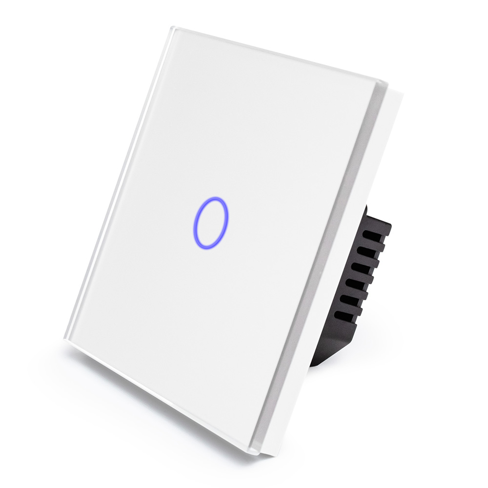 Фото Сенсорный выключатель с нулем, белый, одноклавишный, 1 пост, с Wi-Fi, с Алисой, стеклянная панель Vell {WH1P-1G-S} (1)