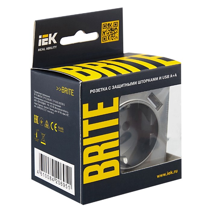 Фото Розетка BRITE РЮш10-1-БрС 16А с USB A+A 2.1А с заземл. защ. шторки сталь IEK BR-R14-16-U21-D21-K46 (6)