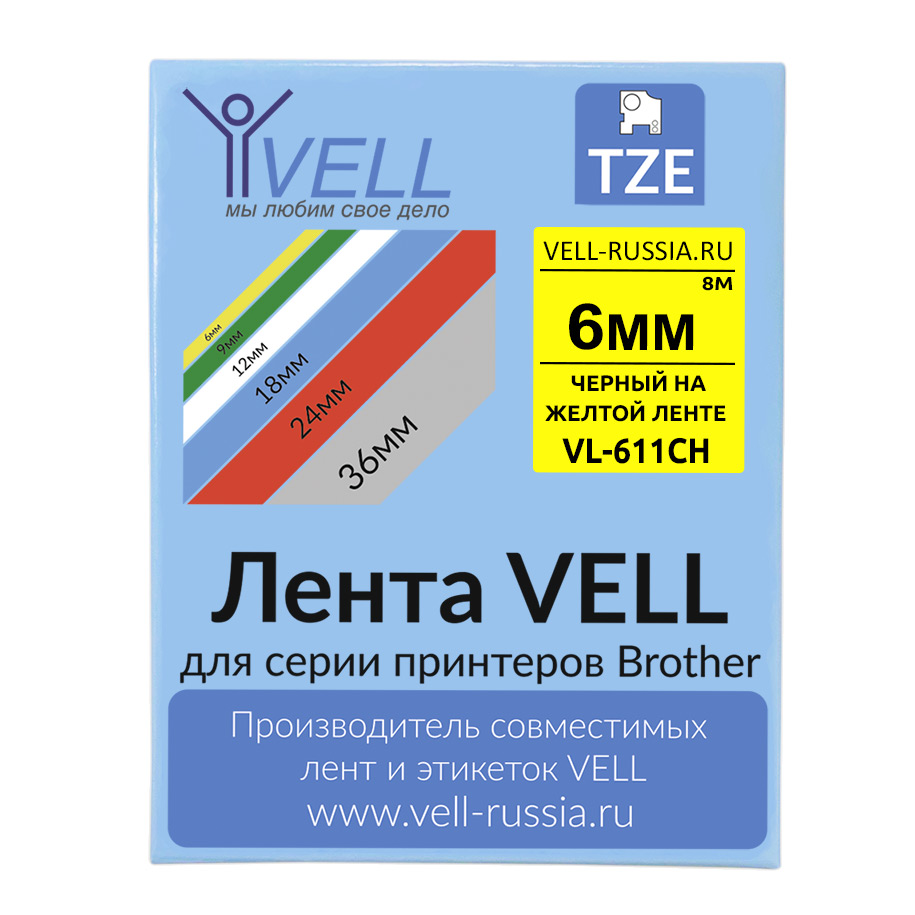 Фото Лента Vell VL-611CH (с чипом, 6 мм, черный на желтом) для Puty PT-100E/100ECH/Brother D200/E110/ D600/E300/2700/ P700/E550/P900 {Vell-611CH}