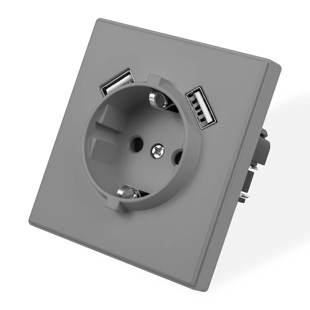 Фото Розетка электрическая, серая, 1 пост, USB-A, USB-A, с рамкой Vell Air {V702083}