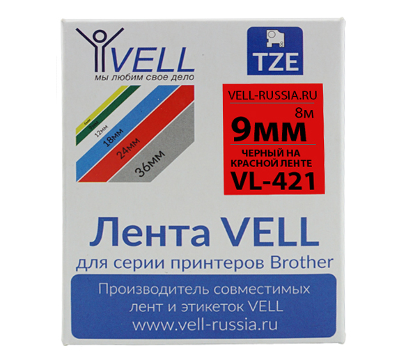 Фото Лента Vell VL-421 (Brother TZE-421, 9 мм, черный на красном) для PT 1010/1280/D200/H105/E100/ D600/E300/2700/ P700/E550/9700