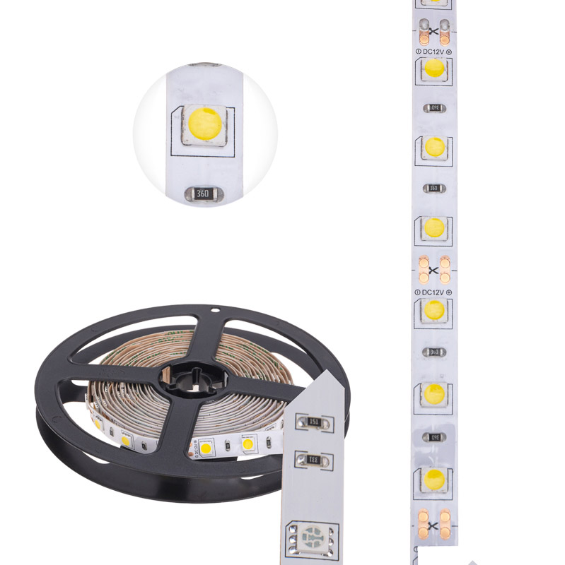 Фото Лента светодиодная 12В, SMD5050, 14,4Вт/м, 60 LED/м, 4000К, 10мм, 3м, для БП с клеммами, IP20 LAMPER {141-2023}