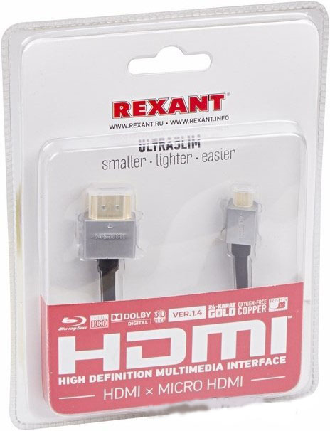 Фото Шнур Rexant, штекер HDMI - штекер micro HDMI, Ultra Slim, 1.5 м (напыление золотом) {17-6723}