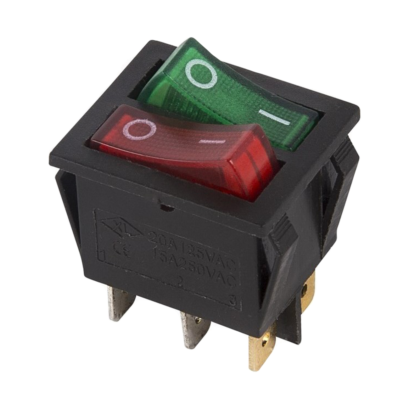 Фото Двойной выключатель клавишный Rexant ON-OFF красный и зеленый с подсветкой (250В 15А (6с)) {36-2450}