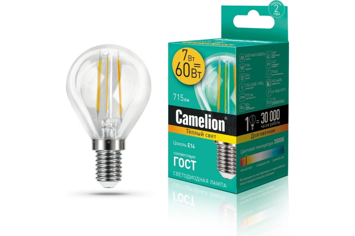 Фото Лампа LED Camelion G45 7W 220V 3000К E14 Filament 10/100 {13456}
