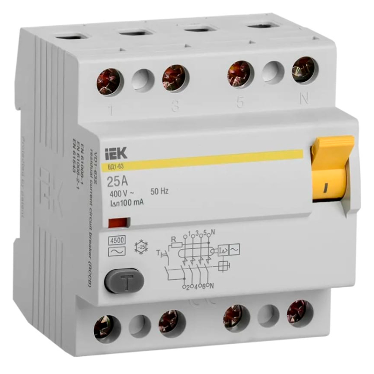 Фото Выключатель дифференциального тока (УЗО) 4п 25А 100мА тип AC ВД1-63 IEK MDV10-4-025-100